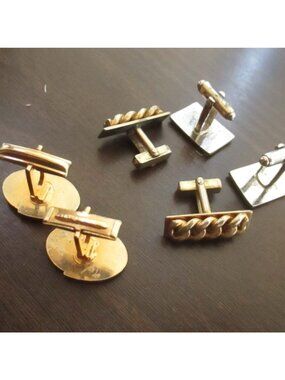 Vintage 1960s Cufflinks Set Of 3 With Oval Rectangular Braided Chain Designs